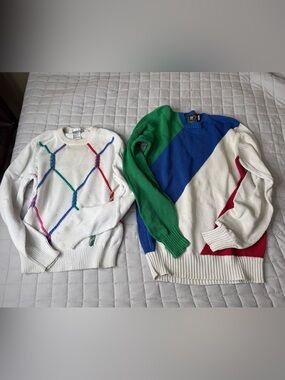 Vintage Color Block & Argyle Cotton Sweaters - Green/Blue/White